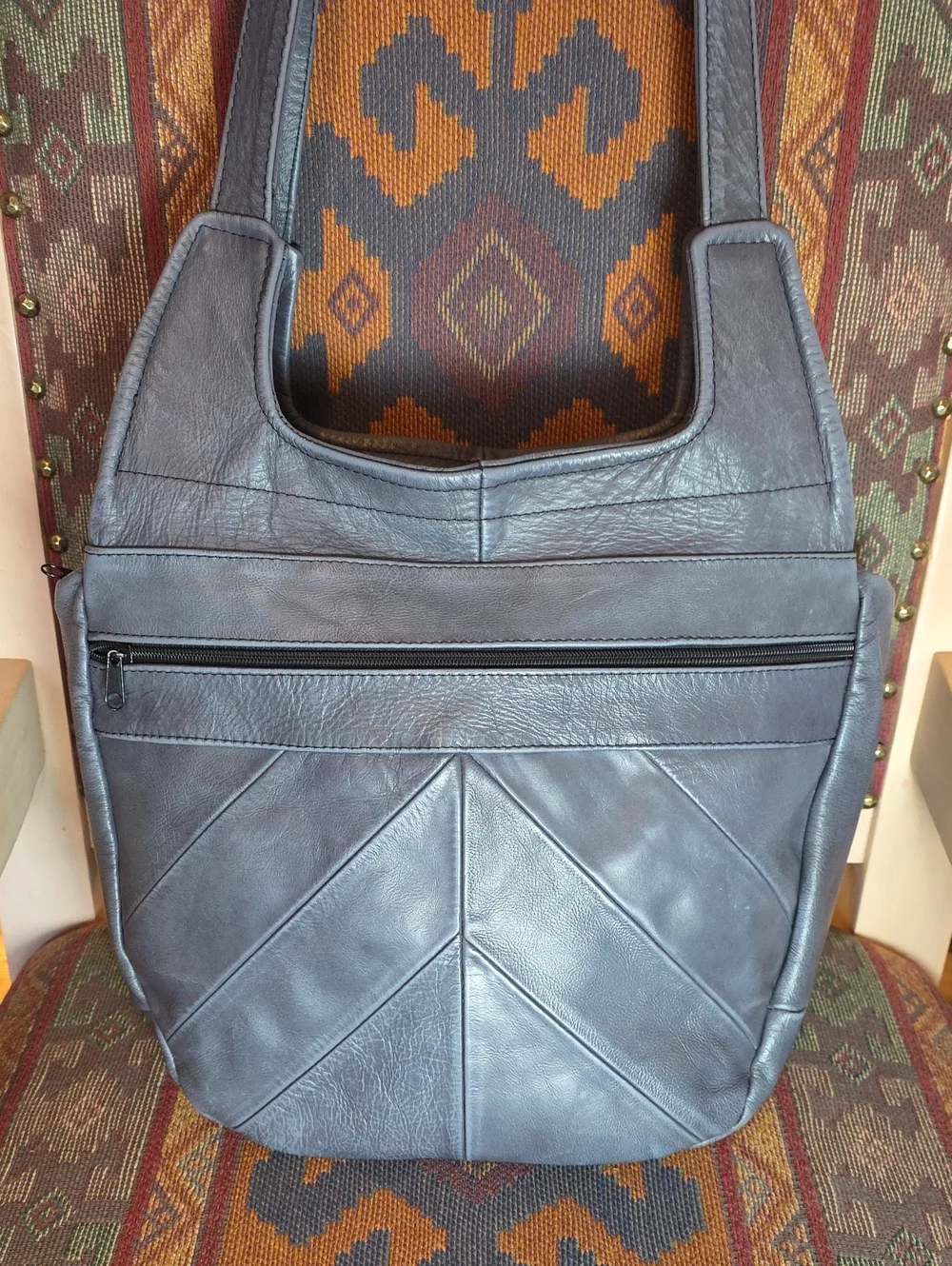 Vintage Slouchy Mexican Chevron Patchwork Leather Hobo Shoulder Bag - Capacious